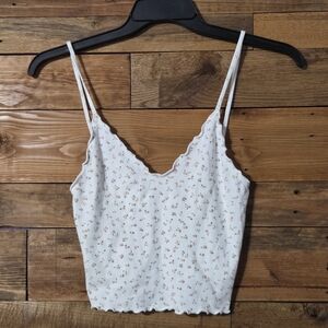 John Galt Floral Cropped Cami Top White Pink Spaghetti Strap Y2K Cotton